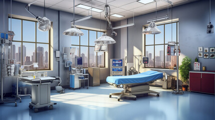 bright operating room with screens and medical equipment, an operating table, bed or stretcher in the hospital
