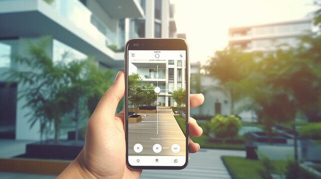 mobile phone display screen, hand holds a phone and controls his smart home from outside