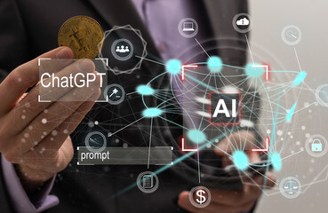 Businessman touching the brain working of Artificial Intelligence (AI) Automation, Predictive analytics, Customer service AI-powered chatbot, analyze customer data, business and technology