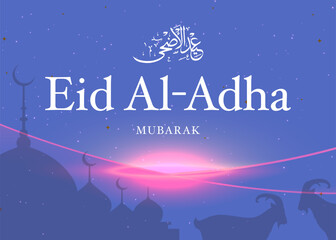 Eid Al Adha festival. Greeting card with sacrificial sheep and crescent on cloudy night background. Eid Mubarak theme. Vector illustration.
