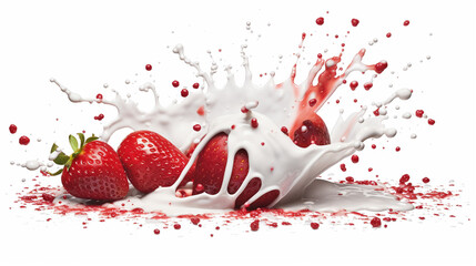 Strawberries, milk or yogurt splash with strawberries, isolated on white background