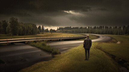 Obraz premium nature reclaims the infrastructure and roads, grass grows over the road, people stand next to it during storms and rain