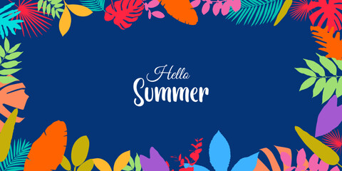 Fototapeta na wymiar Hello summer background with tropical plants and leaf decoration