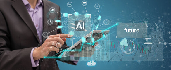 Business interface mixed media double exposure financial chart graph diagram and icon on virtual screen. Innovation concept.