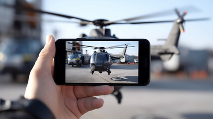 a soldier controls an approaching helicopter or controls a video camera for observation, hand with smartphone, mobile phone