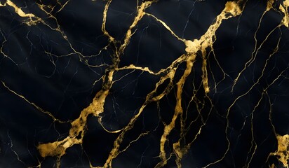 Abstract black marble background with golden veins, japanese kintsugi technique, fake painted artificial marbled stone texture