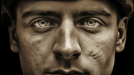 an adult man , close up face , soldier or retro vintage old photo