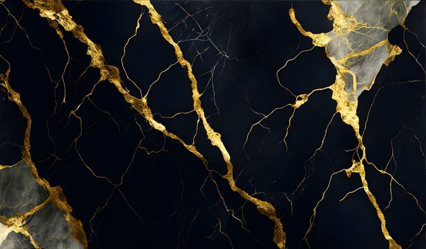 Abstract black marble background with golden veins, japanese kintsugi technique, fake painted artificial marbled stone texture