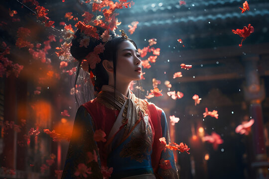 Japanese geisha in a kimono in a garden among flowers, Generative AI 1