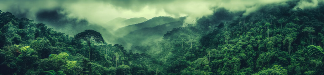 Foggy landscape in the jungle. Fog and cloud mountain tropic valley landscape. aerial view, wide misty panorama	