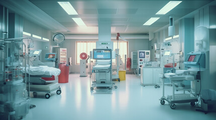 a hospital room or operating room with medical equipment, indoor, hospital bed and computer screens