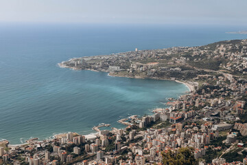 Naklejka premium View from the village of Harissa to neighboring coastal cities in Lebanon