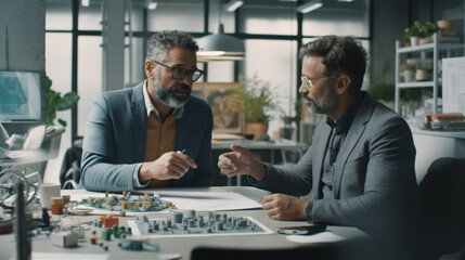 engineer industrial product designer discuss work, in a modern big office, on a desk table, model figures of architecture and planning and strategy