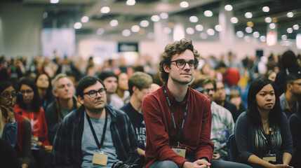 a trade fair or lecture with guests, sitting on chairs as audience and listeners, novelty and innovation, product presentation or coaching, fictitious