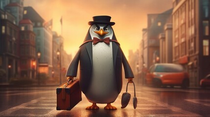 A dapper penguin dressed as a businessman, carrying a briefcase and walking confidently in a cityscape. Generative AI.  - obrazy, fototapety, plakaty
