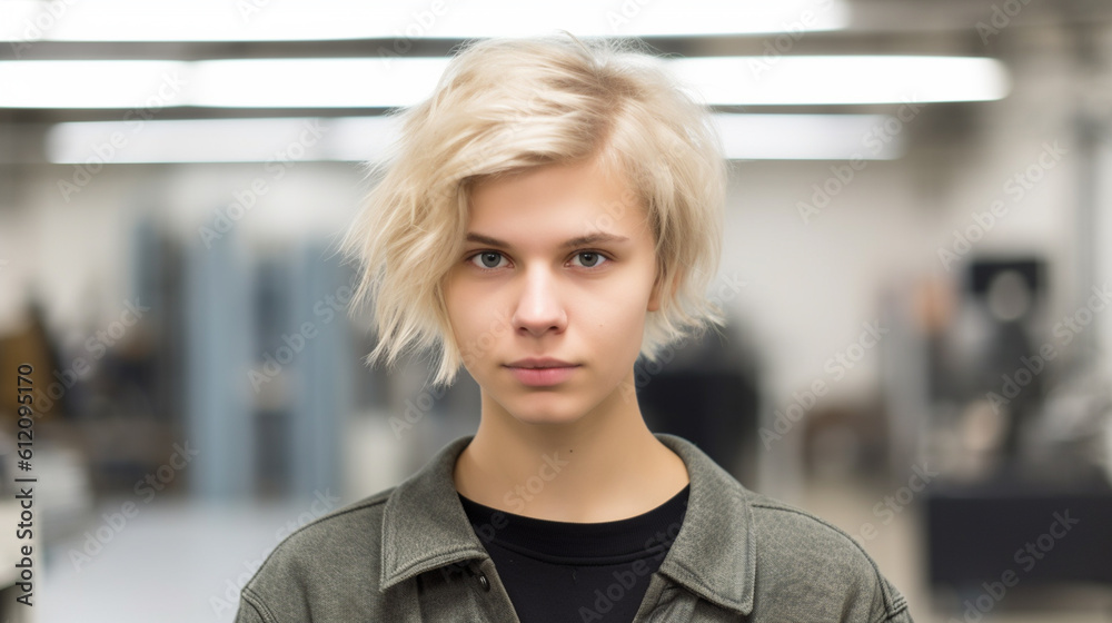 Wall mural young adult woman or teenage girl with short hair dyed blond, medium hairstyle hair, thin shirt jack