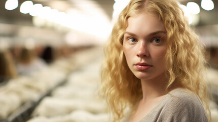 Obraz premium young adult woman with wavy blonde-brown hair and a thin sweater in a factory or fictional place like a production hall or in the food industry with baked goods on a conveyor belt or dough production