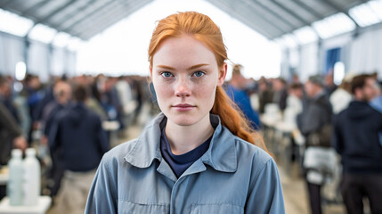 young adult woman or teenager, working in a production hall, cramped and crowded, poverty or forced labor, mass production or food production, low wage, job and working, profession with minimum wage