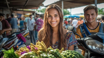 young caucasian couple at summer holiday vacation with a motor scooter, fictional location