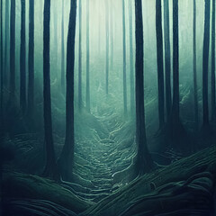 Gloomy, spooky, foggy dark forest landscape. Surreal mysterious horror forest background. Generative AI