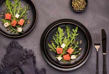 Food photography of salad, arugula, watermelon, cheese, feta, pumpkin seeds, balsamic, minimalism, leaf, organic, ingredient, vitamin, diet