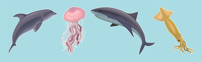 Marine Habitant with Dolphin, Jellyfish, Shark and Squid Vector Set