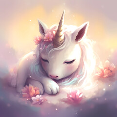 Cute little unicorn sleeps sweetly surrounded by flowers. illustration; Generative AI