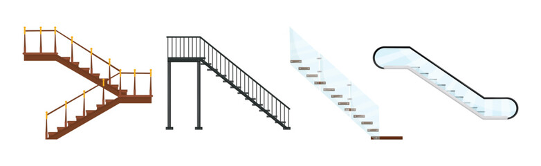 Wooden and Metal Staircase with Handrails Vector Set
