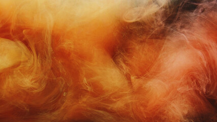Color vapor splash. Ink water. Fire flame explosion. Yellow orange red fume cloud texture on black abstract art background.