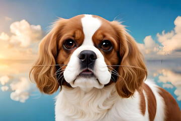 Cavalier King Charles Spaniel on sky blue background