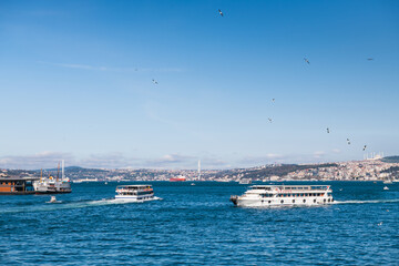 Tourist ships on the Boshporus in Istanbul, Turkey.