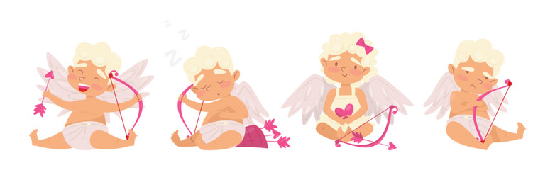 Cupid Boy and Girl Angel with Bow and Arrow Vector Set