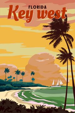 Retro Poster Key West Florida Beach. Palm on the beach, sailboat, coast, surf, ocean
