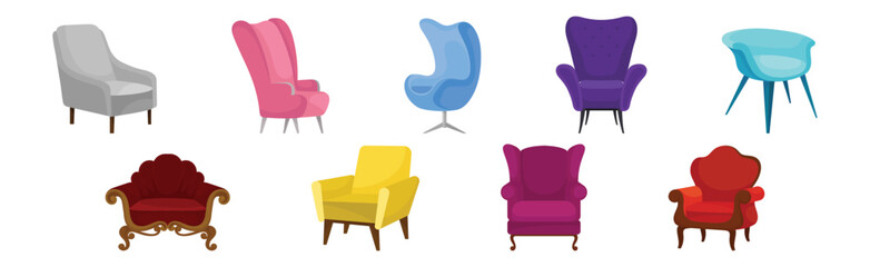 Fototapeta premium Upholstered Armchair with Wooden Legs as Furniture Items Vector Set