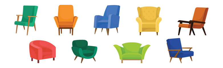 Upholstered Armchair with Wooden Legs as Furniture Items Vector Set