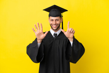 Young university graduate caucasian man isolated on yellow background counting seven with fingers