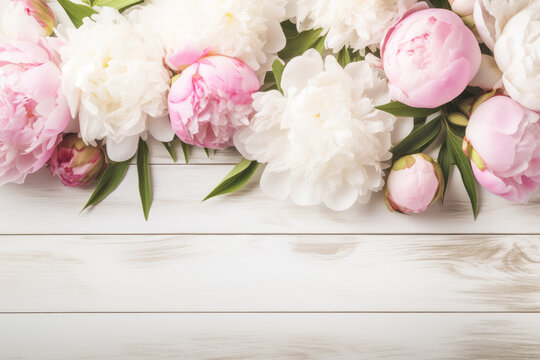 Beautiful peony flowers on white wooden background. Copy space, top view, flat lay. Generative AI.