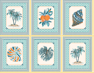 Vintage  Nostalgic summer beach vacation Retro Scarf  mood summer vibes, palm tree, orange,Sea shell Vacation  seamless pattern - 612096737