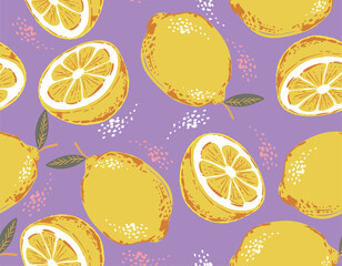 Retro doodle hand drawn lime and lemon seamless pattern. Tropical leaves summer
