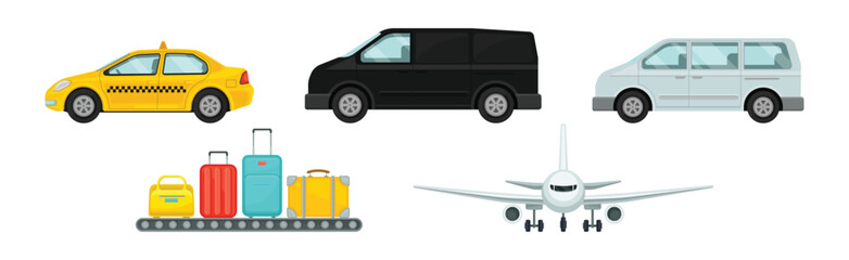 Naklejka premium Airport Transport with Plane, Van Tranfer, Taxi and Luggage Belt Vector Set