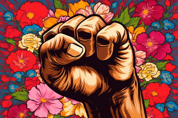 An illustration with a raised black fist symbolizes strength and unity, vibrant colors, Generative Ai