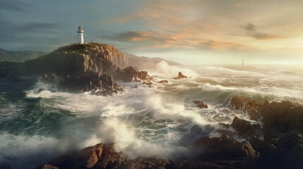 Coastal landscape with towering cliffs; crashing waves against rocky shores; a small lighthouse perched on a cliff; generative ai
