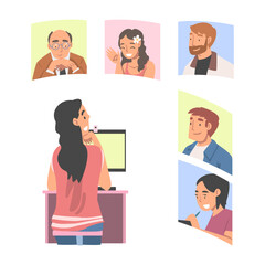 Obraz premium Videoconference and Web Meeting with People Characters Engaged in Online Communication in Real Time Vector Illustration Set