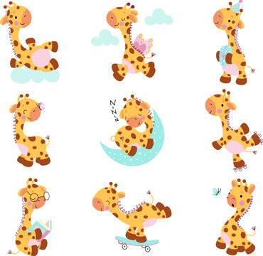 Cute giraffes, baby giraffe poses cartoon collection. Kids exotic zoo animal characters, adorable wild safari africa animals nowaday vector set