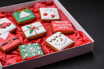 Delicious fresh colorful Christmas or New Year gingerbread cookies