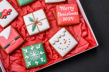 Delicious fresh colorful Christmas or New Year gingerbread cookies