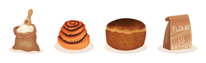 Dough and Baked Bread and Bun with Sack and Pack of Flour Vector Set
