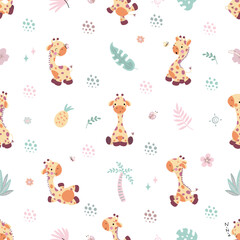 Giraffes seamless pattern, nursery adorable fabric print. Children giraffe characters, baby animals background. Jungle nowaday vector texture design © MicroOne