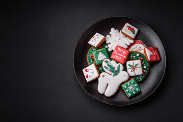 Delicious fresh colorful Christmas or New Year gingerbread cookies