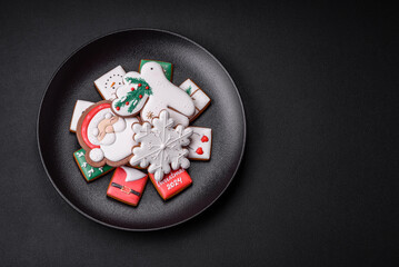 Delicious fresh colorful Christmas or New Year gingerbread cookies